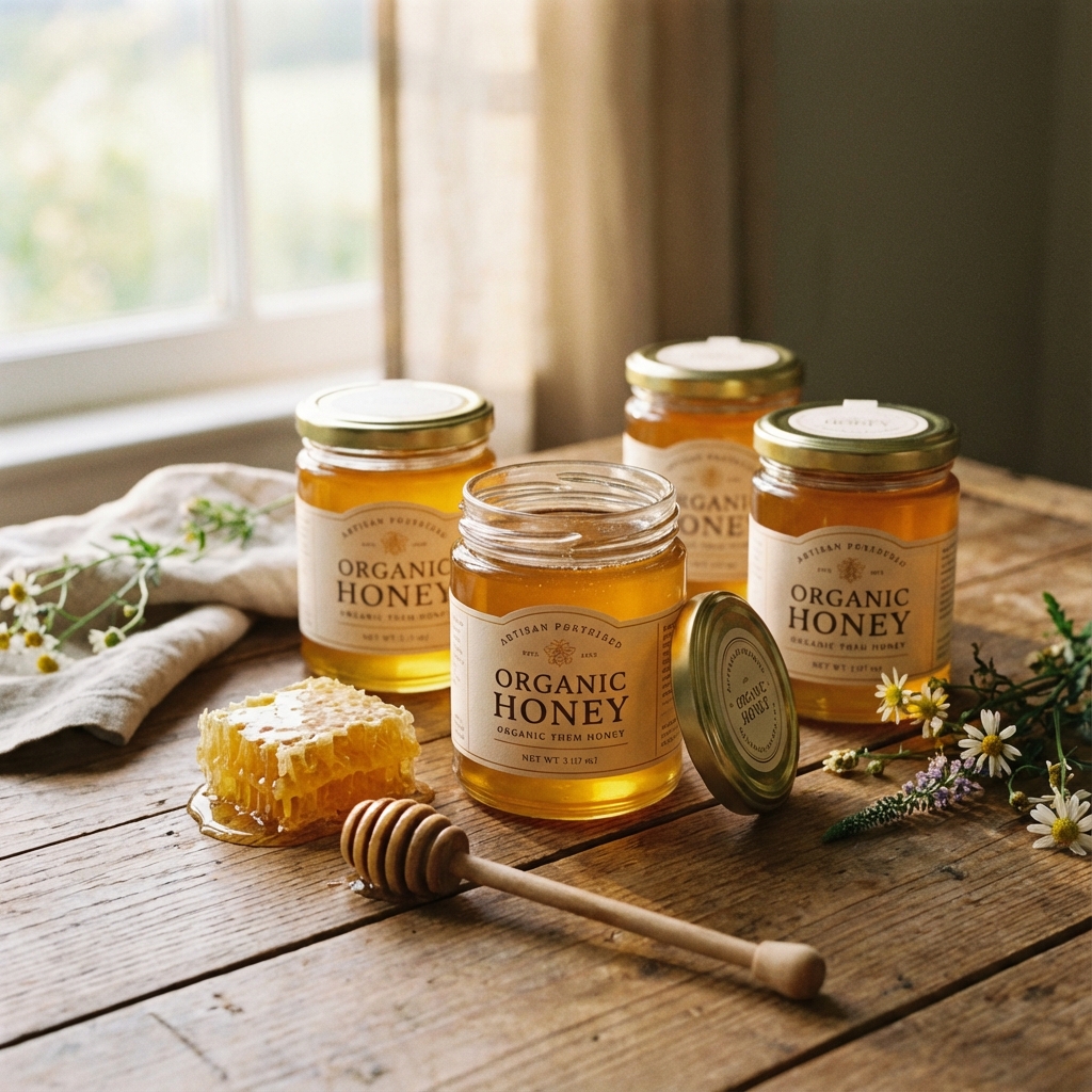 Honiggläser und Waben